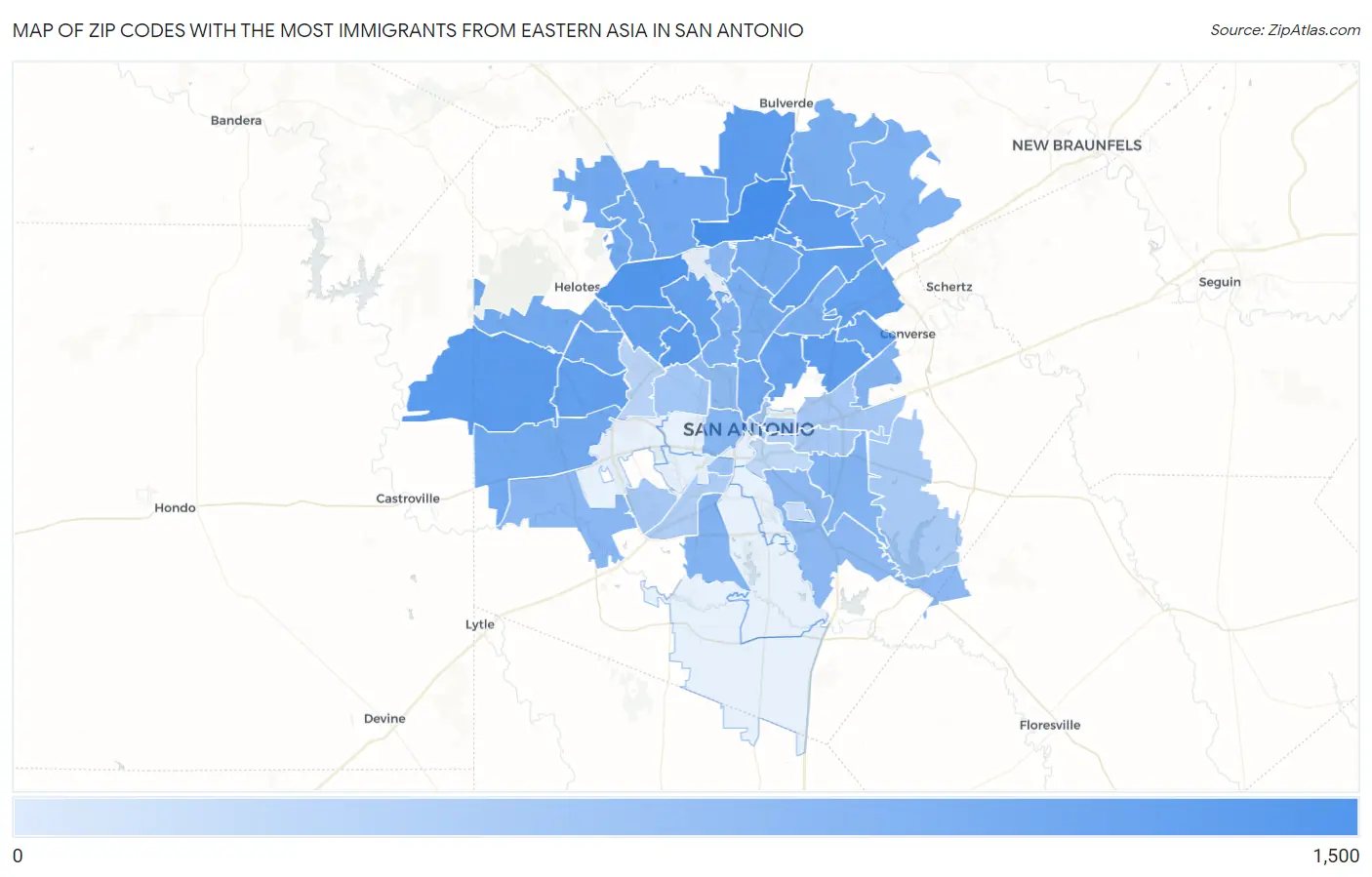 Zip Codes with the Most Immigrants from Eastern Asia in San Antonio Map