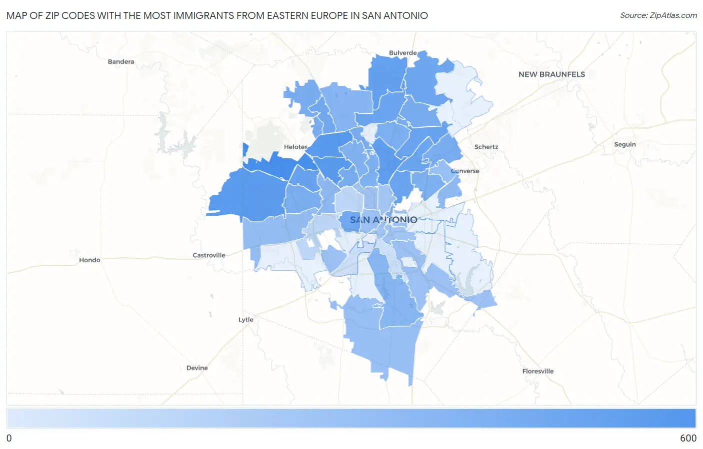 Zip Codes with the Most Immigrants from Eastern Europe in San Antonio Map