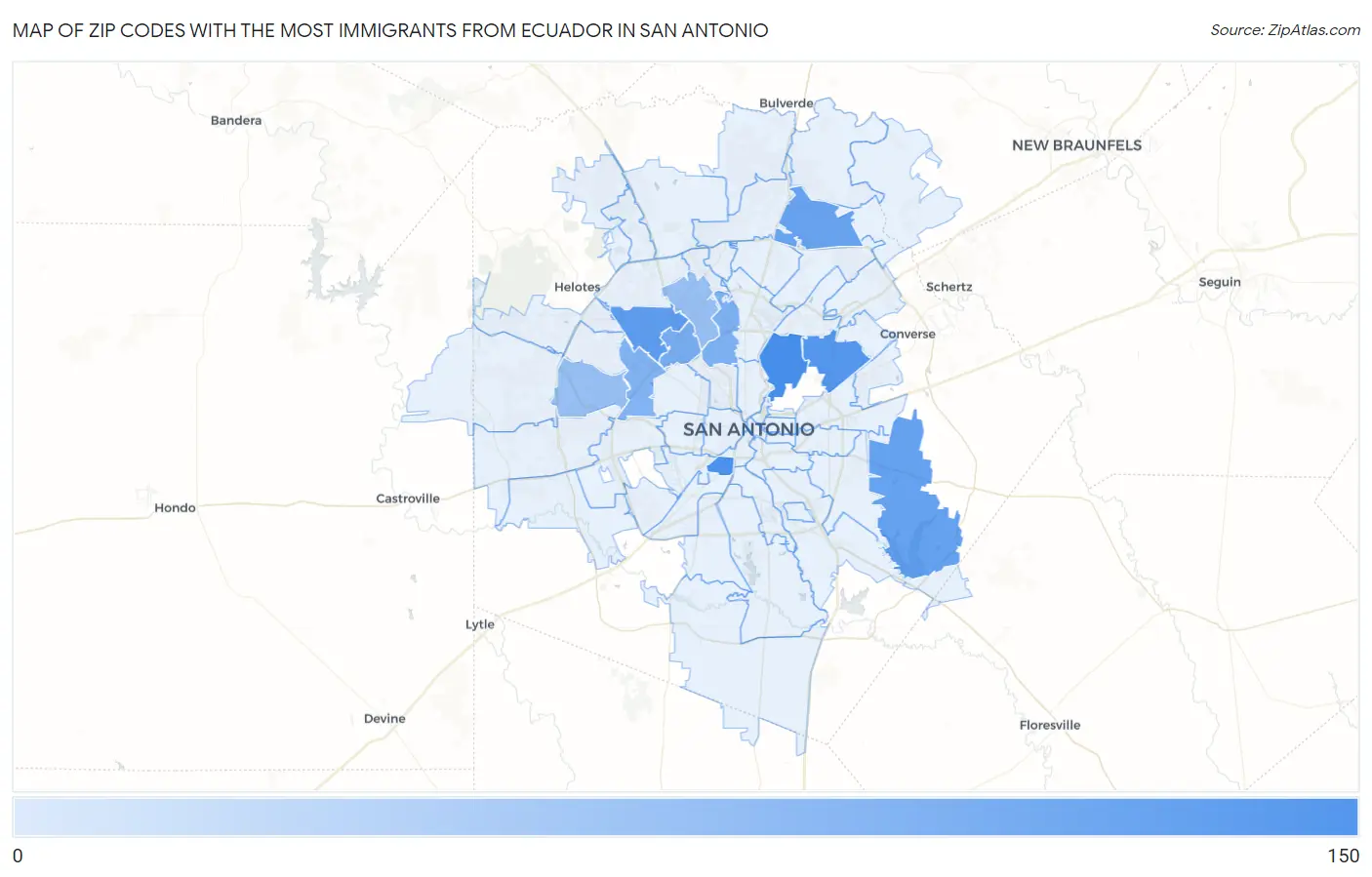 Zip Codes with the Most Immigrants from Ecuador in San Antonio Map