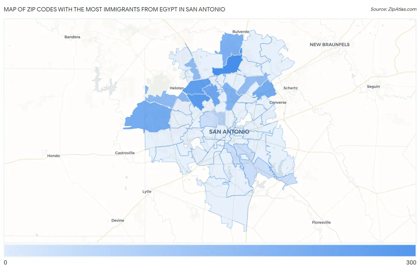 Zip Codes with the Most Immigrants from Egypt in San Antonio Map