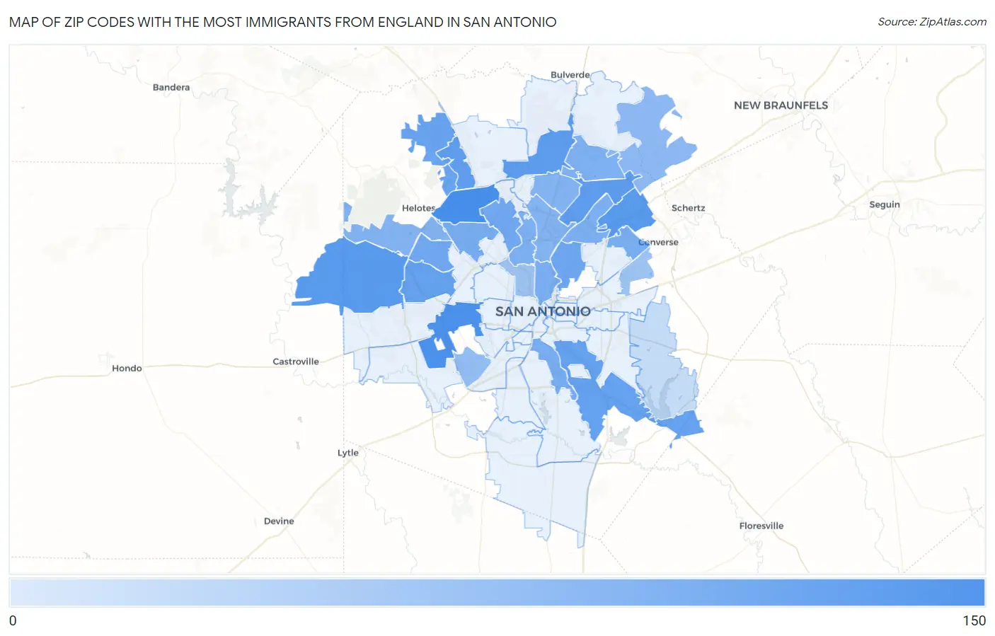 Zip Codes with the Most Immigrants from England in San Antonio Map