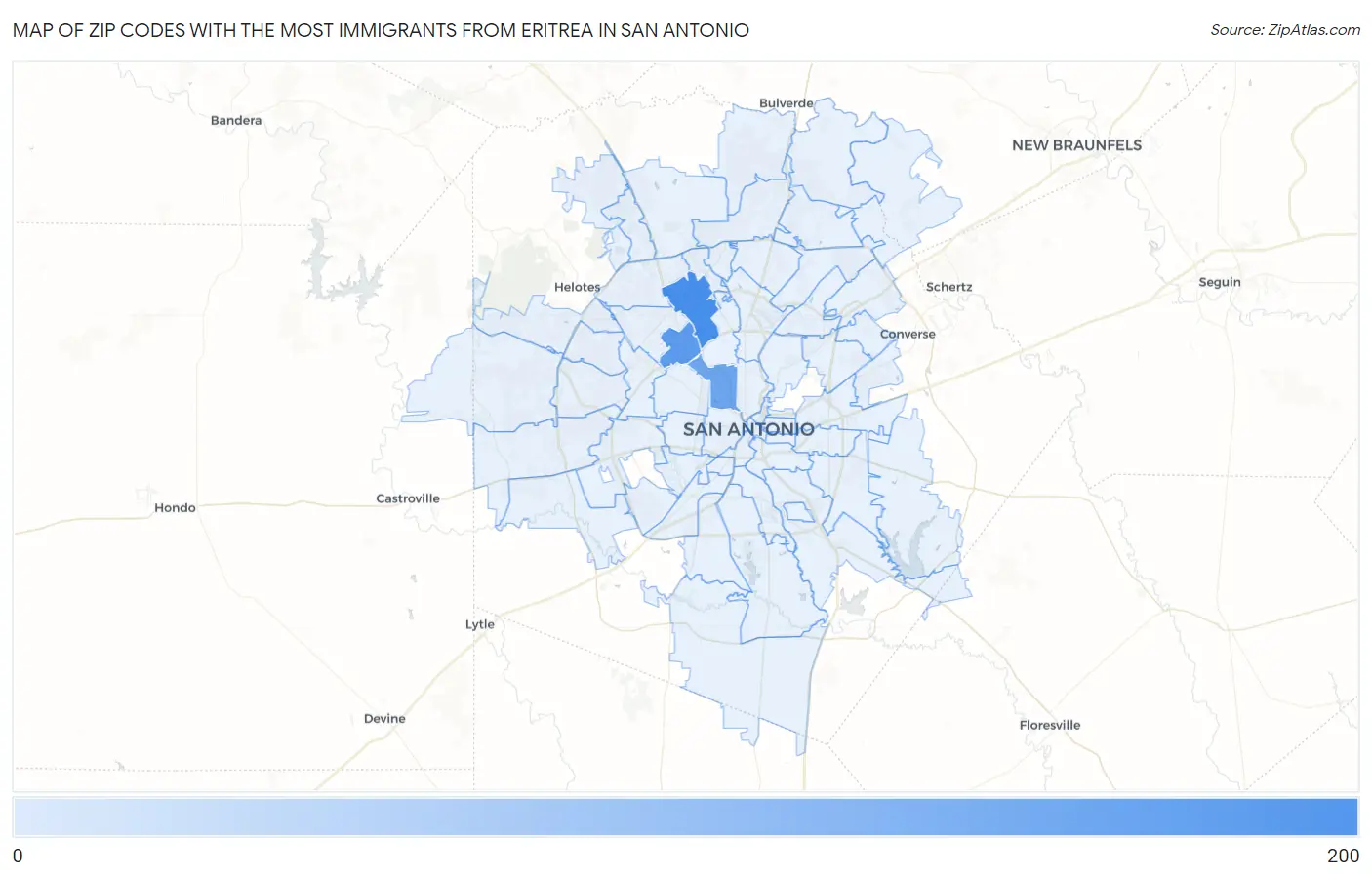 Zip Codes with the Most Immigrants from Eritrea in San Antonio Map