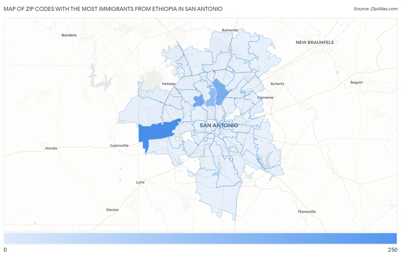 Zip Codes with the Most Immigrants from Ethiopia in San Antonio Map