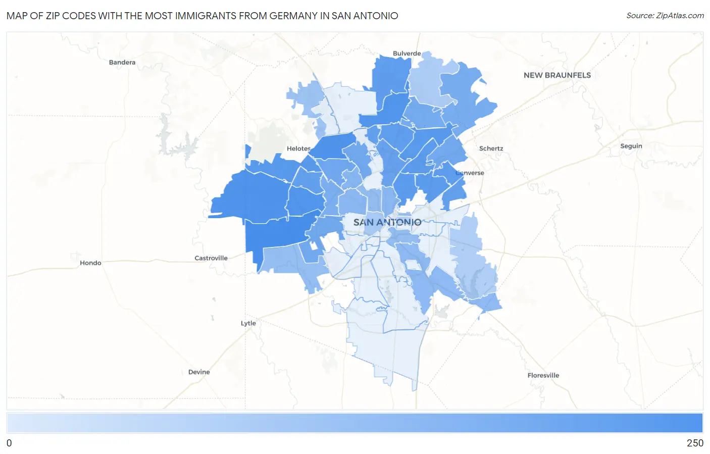 Zip Codes with the Most Immigrants from Germany in San Antonio Map