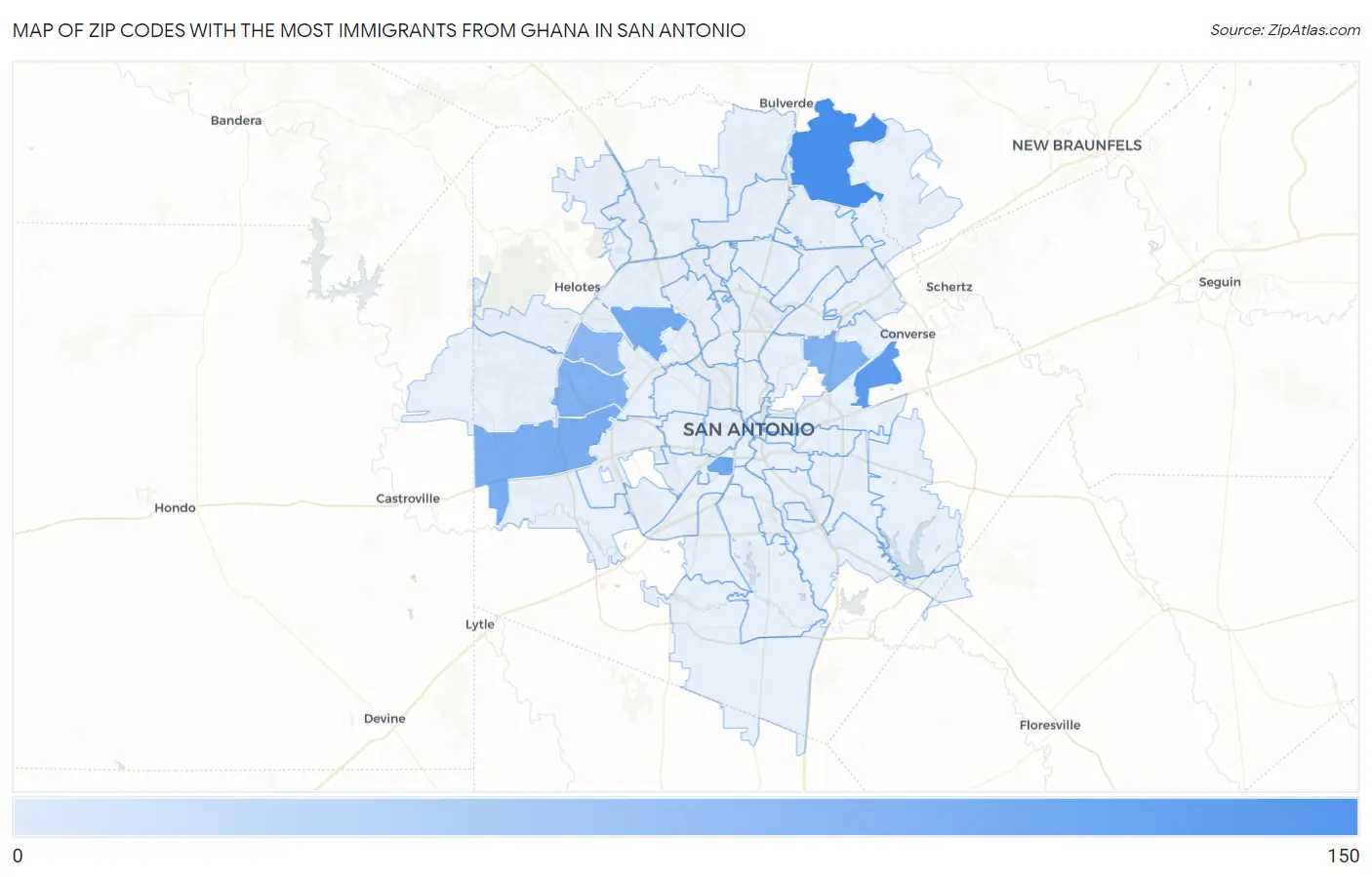 Zip Codes with the Most Immigrants from Ghana in San Antonio Map