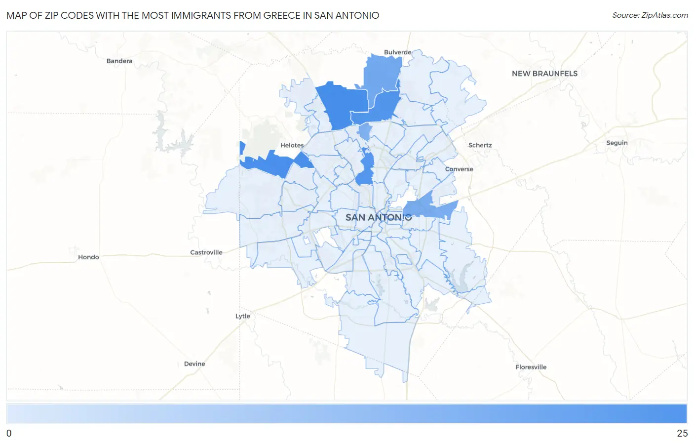 Zip Codes with the Most Immigrants from Greece in San Antonio Map