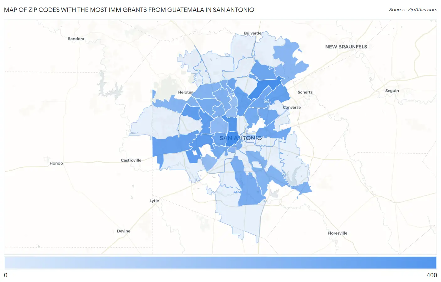 Zip Codes with the Most Immigrants from Guatemala in San Antonio Map