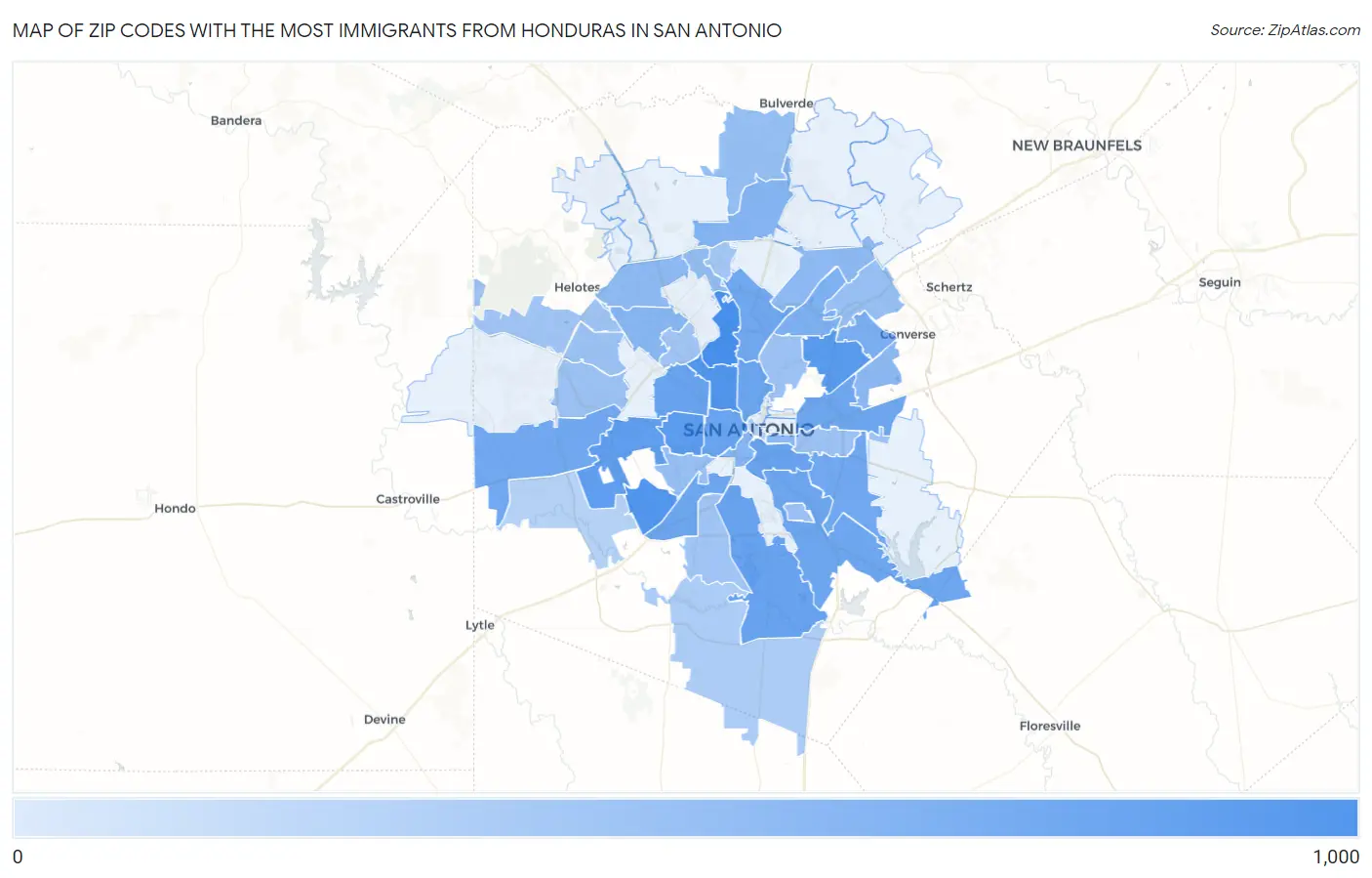 Zip Codes with the Most Immigrants from Honduras in San Antonio Map