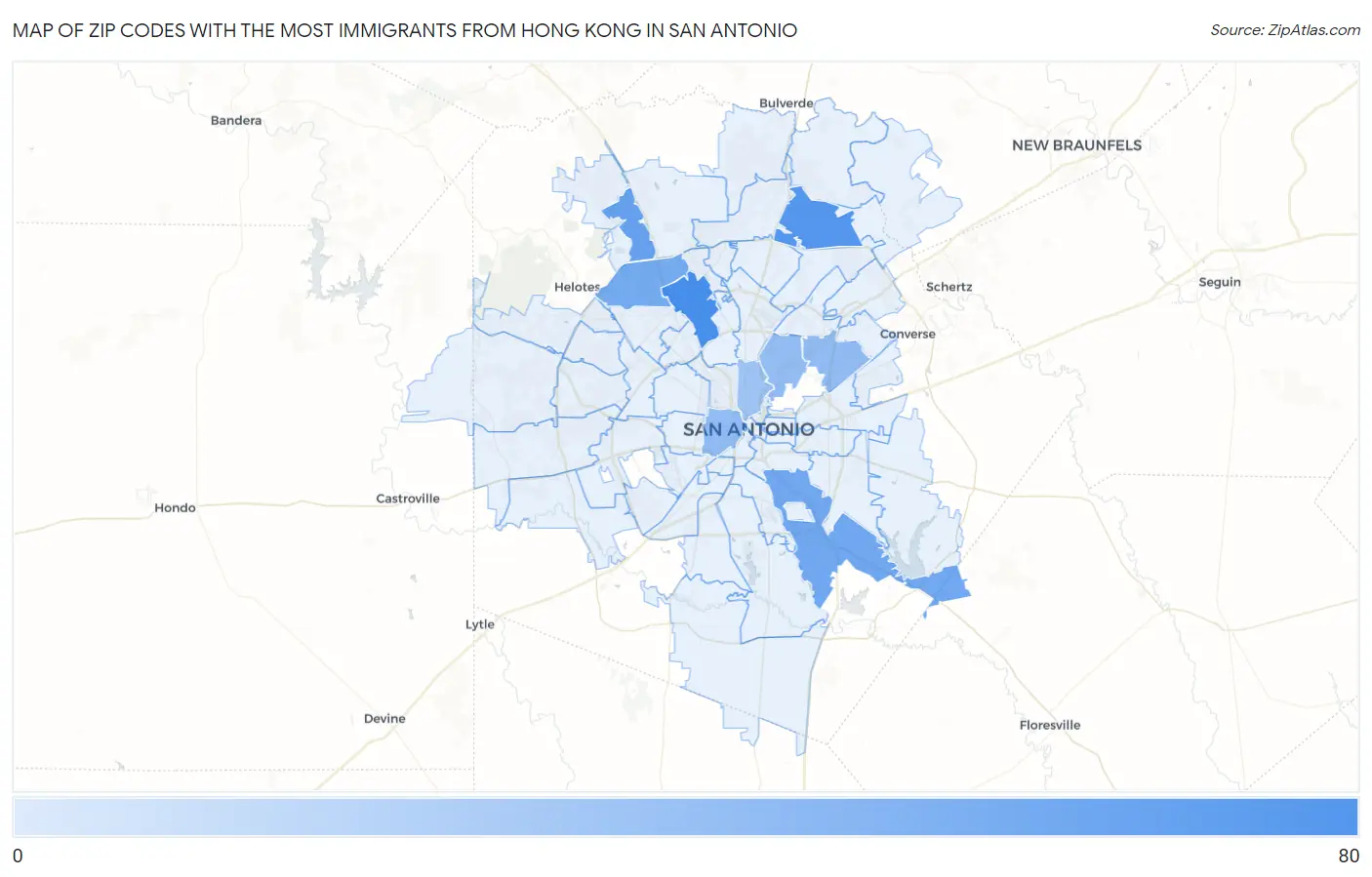 Zip Codes with the Most Immigrants from Hong Kong in San Antonio Map