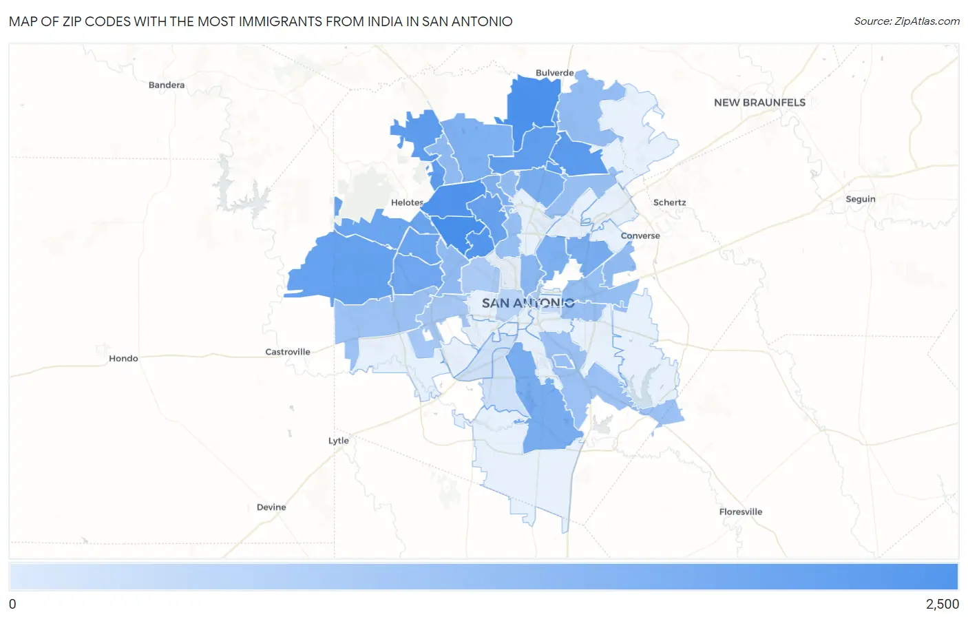 Zip Codes with the Most Immigrants from India in San Antonio Map