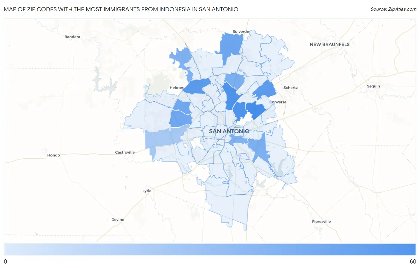 Zip Codes with the Most Immigrants from Indonesia in San Antonio Map
