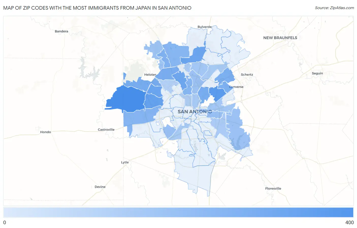 Zip Codes with the Most Immigrants from Japan in San Antonio Map