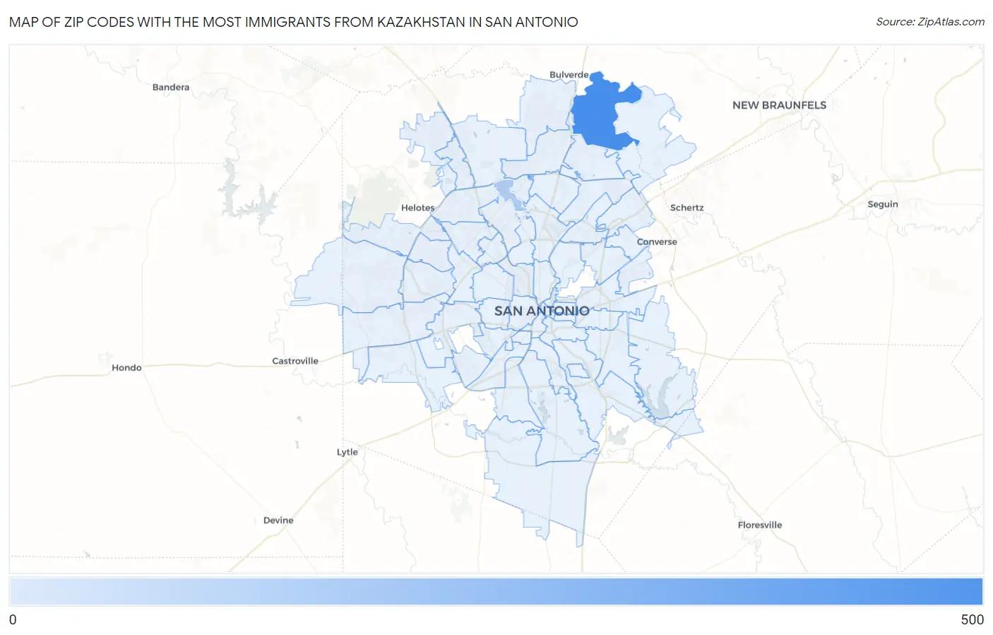 Zip Codes with the Most Immigrants from Kazakhstan in San Antonio Map