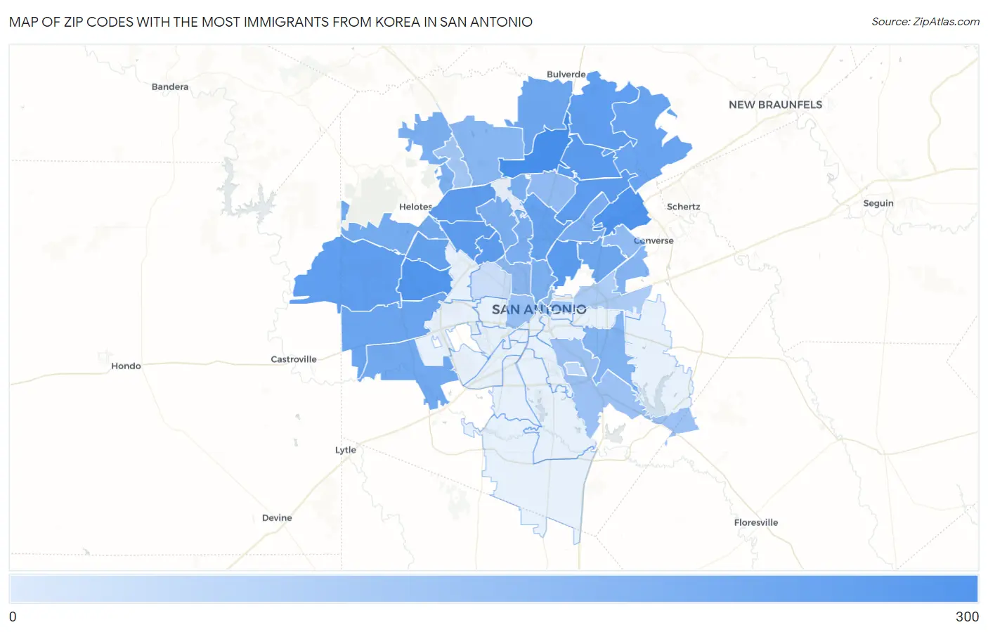 Zip Codes with the Most Immigrants from Korea in San Antonio Map
