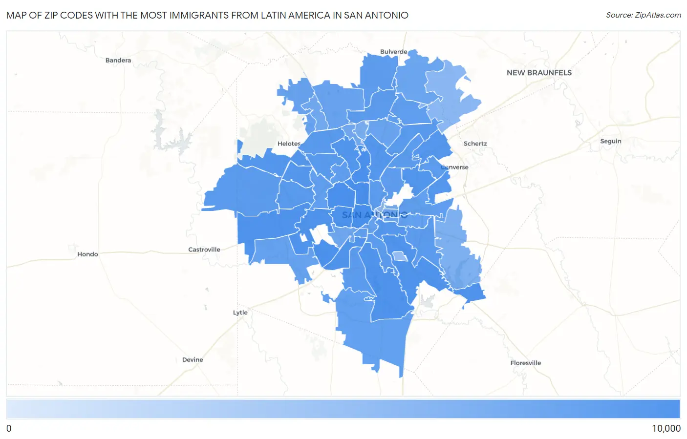 Zip Codes with the Most Immigrants from Latin America in San Antonio Map