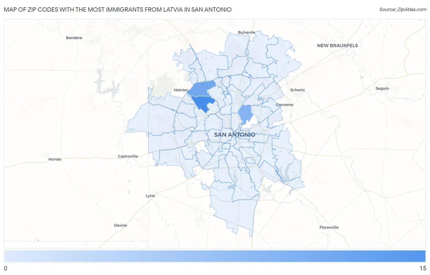 Zip Codes with the Most Immigrants from Latvia in San Antonio Map