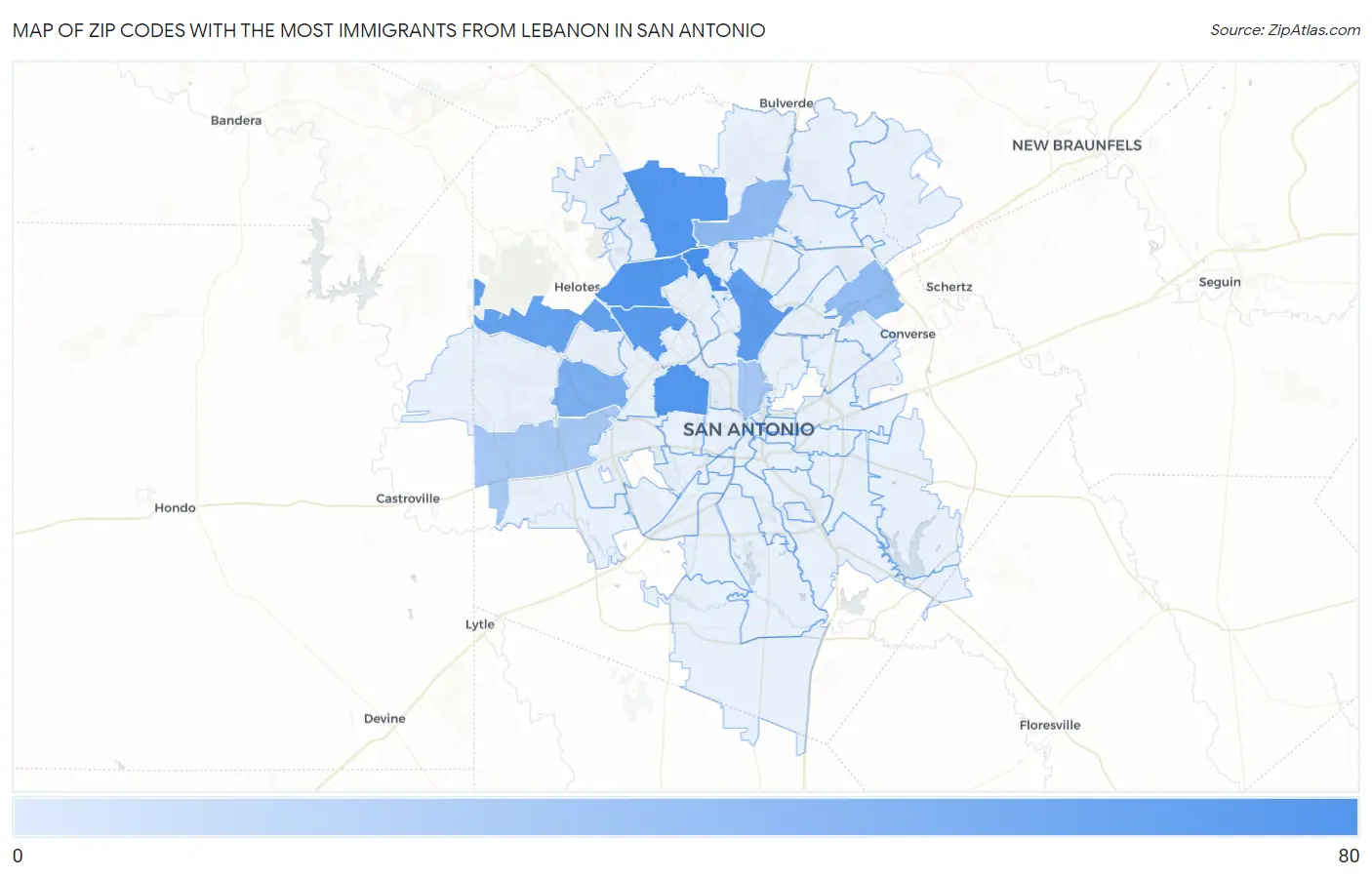 Zip Codes with the Most Immigrants from Lebanon in San Antonio Map