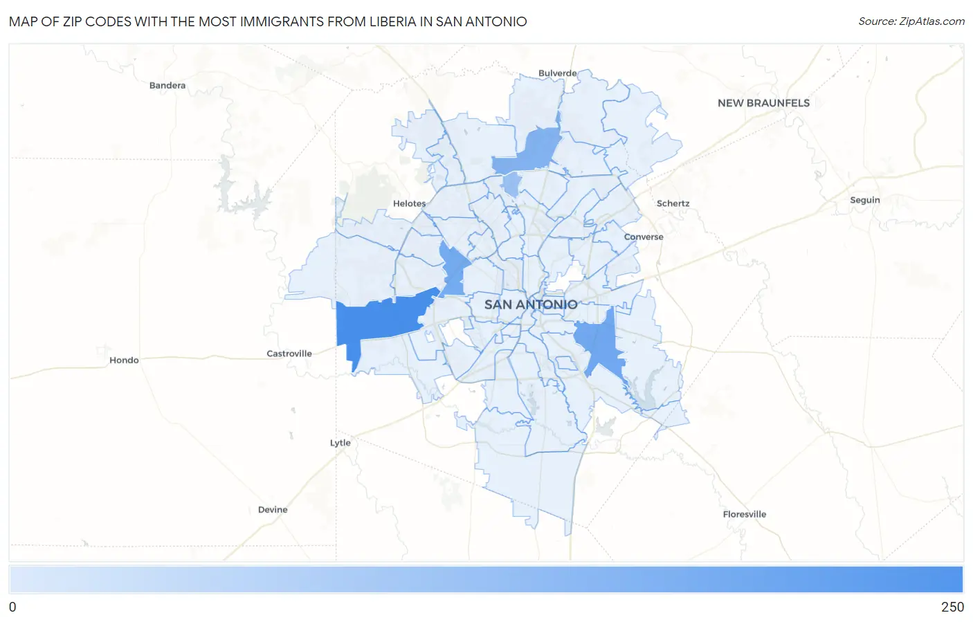 Zip Codes with the Most Immigrants from Liberia in San Antonio Map