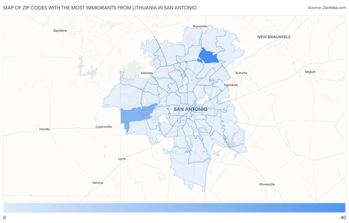Zip Codes with the Most Immigrants from Lithuania in San Antonio Map