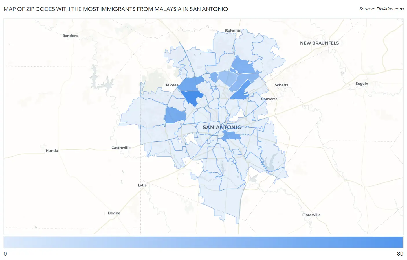 Zip Codes with the Most Immigrants from Malaysia in San Antonio Map