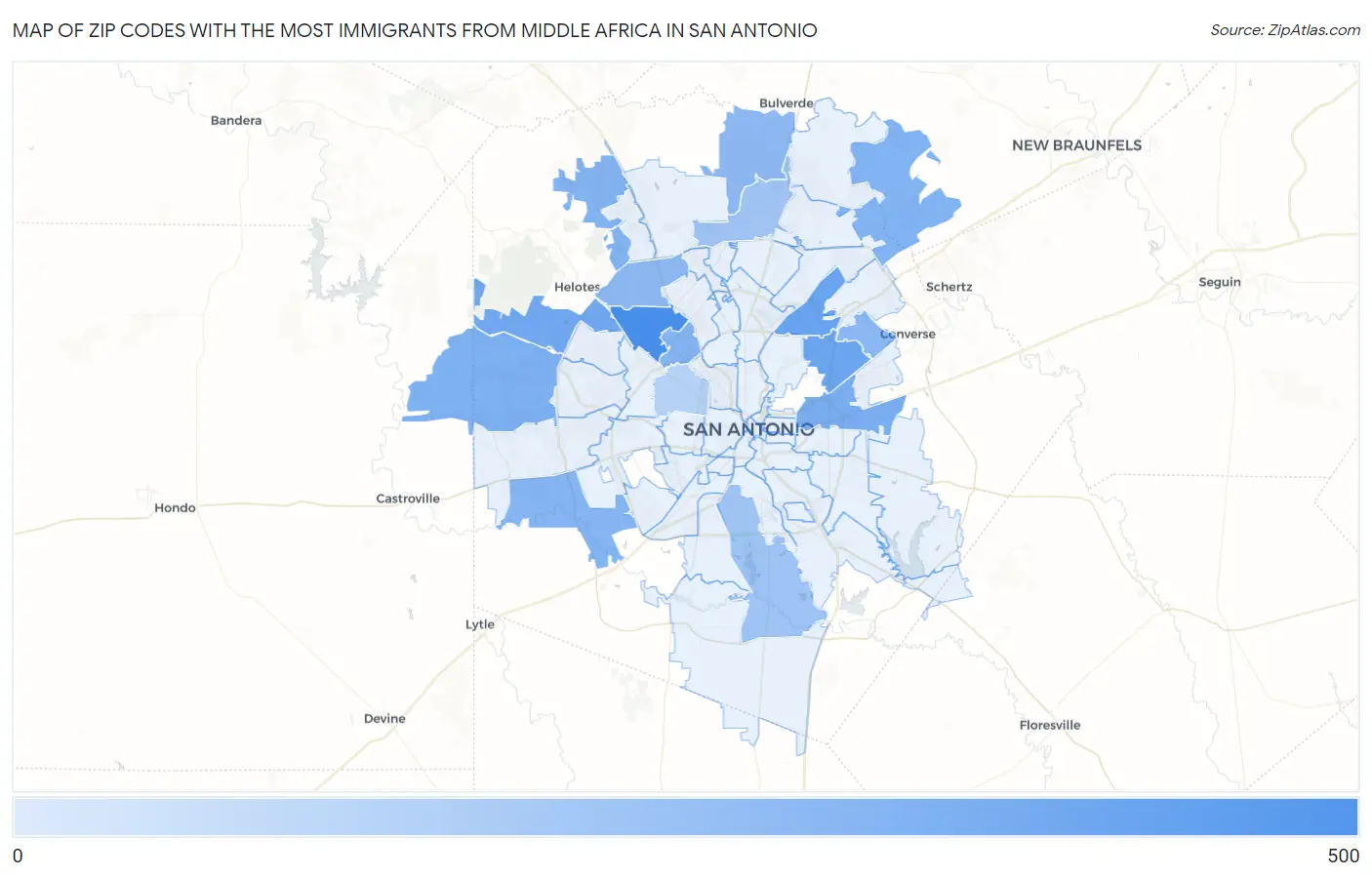 Zip Codes with the Most Immigrants from Middle Africa in San Antonio Map