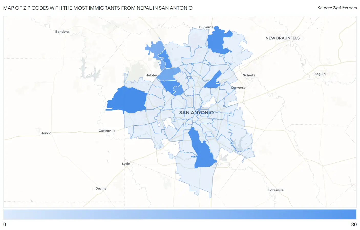 Zip Codes with the Most Immigrants from Nepal in San Antonio Map