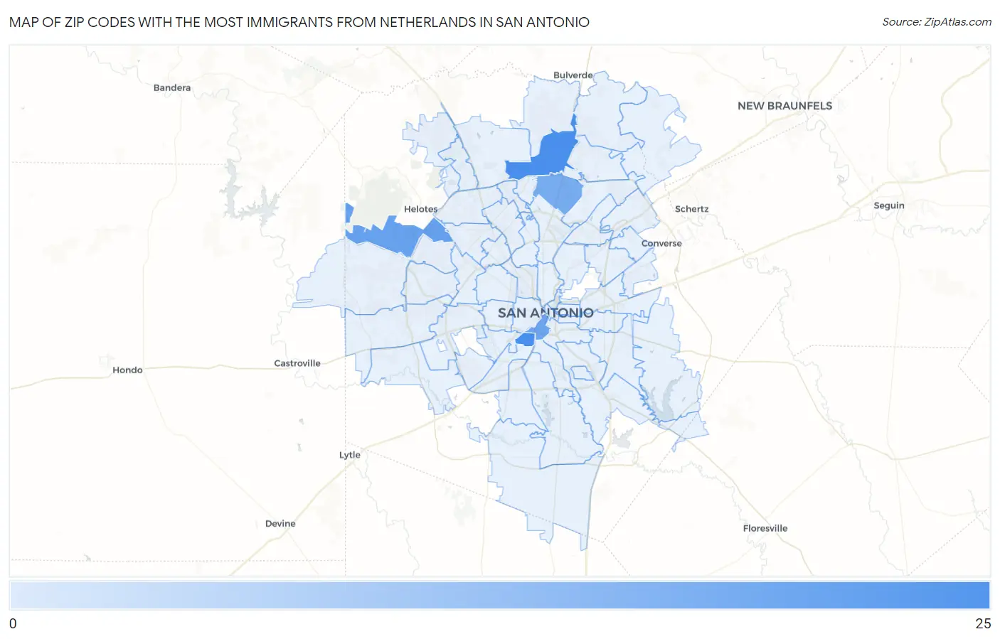 Zip Codes with the Most Immigrants from Netherlands in San Antonio Map