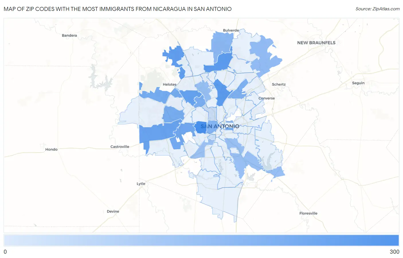 Zip Codes with the Most Immigrants from Nicaragua in San Antonio Map