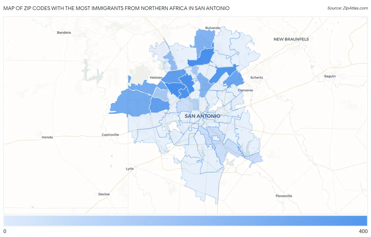 Zip Codes with the Most Immigrants from Northern Africa in San Antonio Map