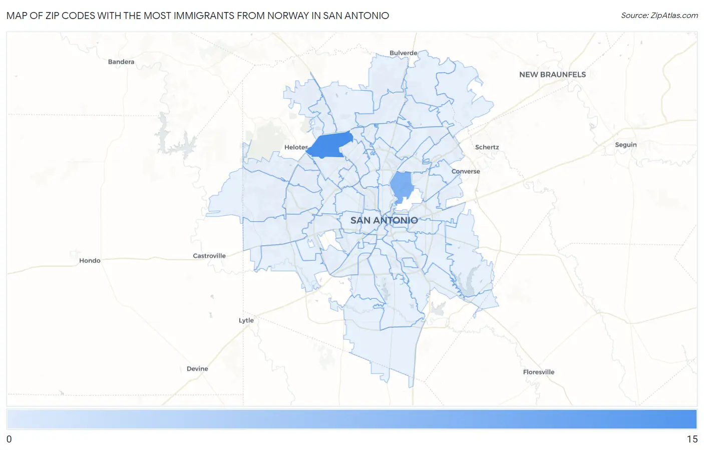 Zip Codes with the Most Immigrants from Norway in San Antonio Map
