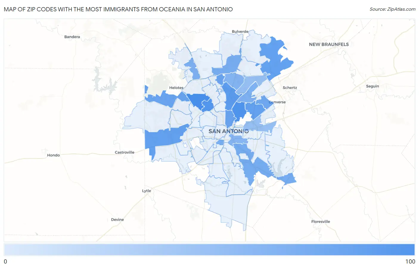 Zip Codes with the Most Immigrants from Oceania in San Antonio Map