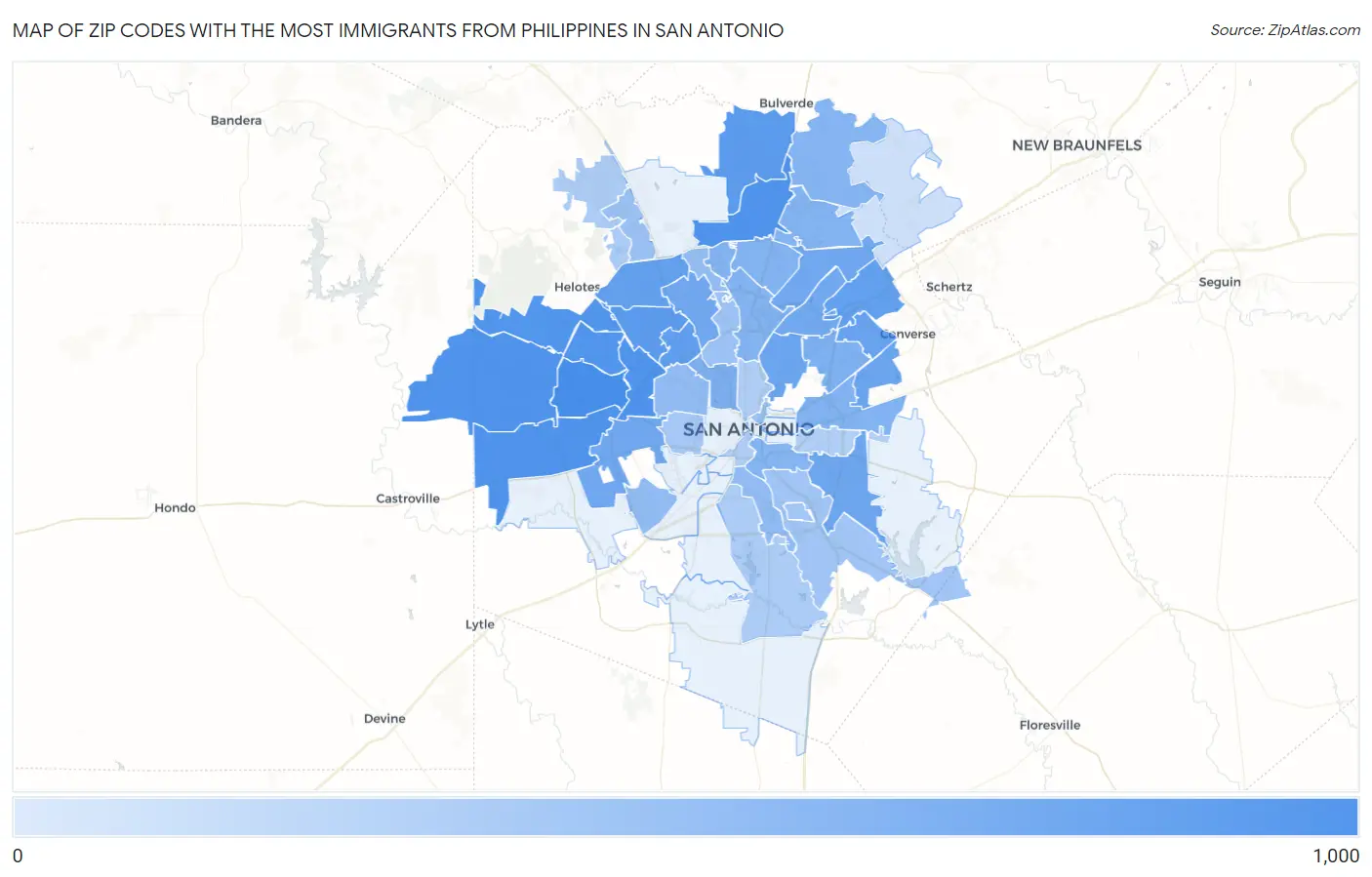 Zip Codes with the Most Immigrants from Philippines in San Antonio Map