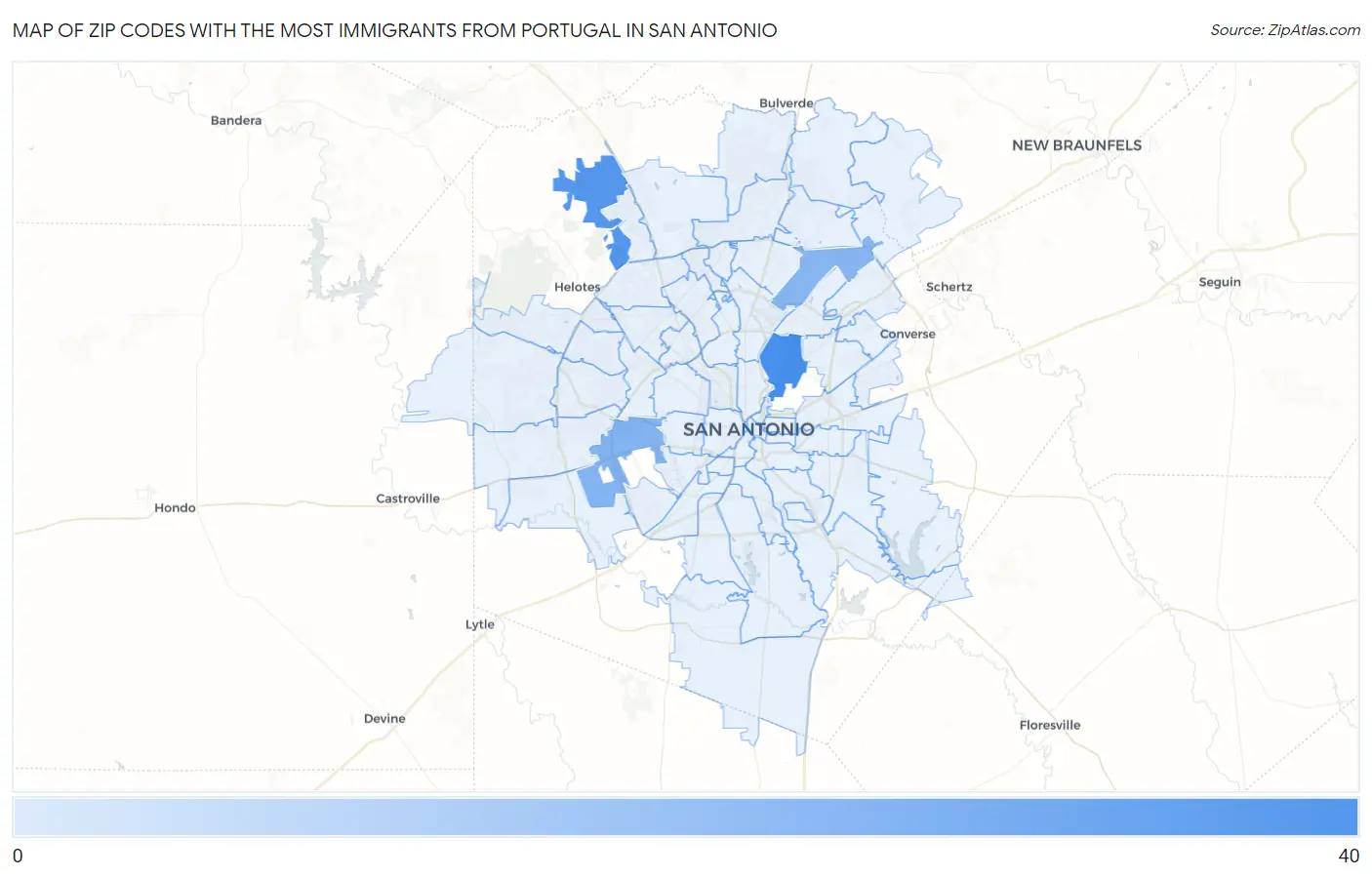 Zip Codes with the Most Immigrants from Portugal in San Antonio Map