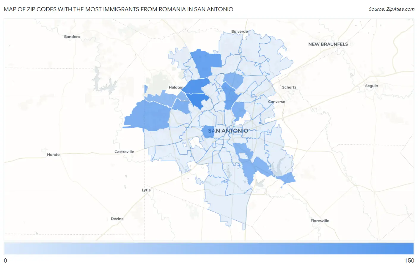 Zip Codes with the Most Immigrants from Romania in San Antonio Map