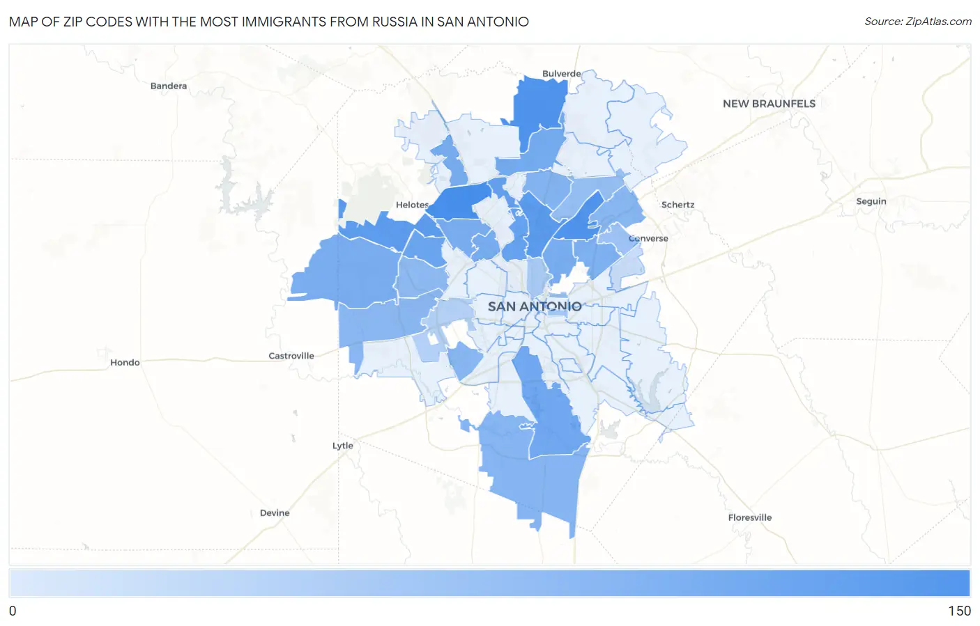 Zip Codes with the Most Immigrants from Russia in San Antonio Map