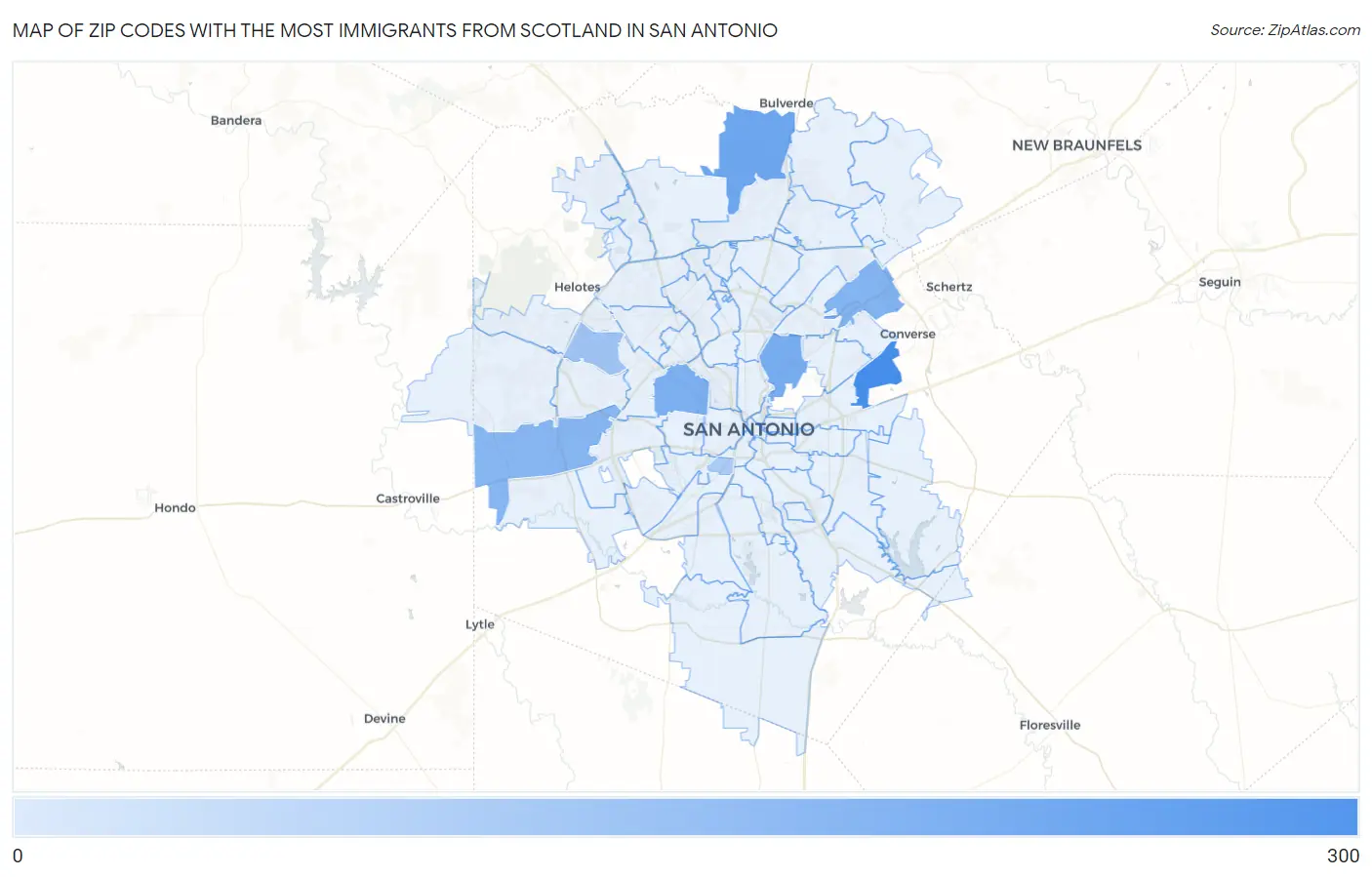 Zip Codes with the Most Immigrants from Scotland in San Antonio Map