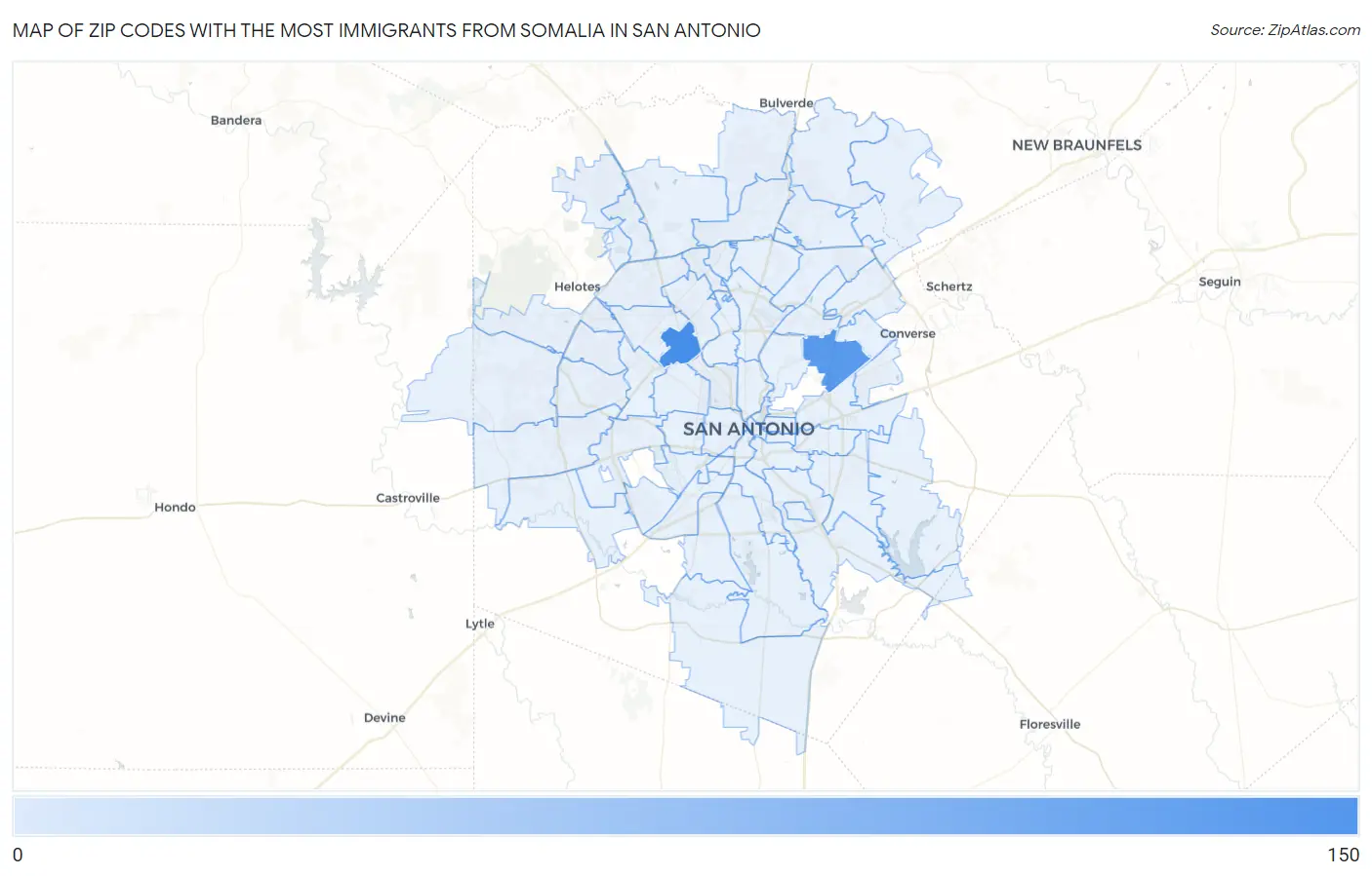 Zip Codes with the Most Immigrants from Somalia in San Antonio Map