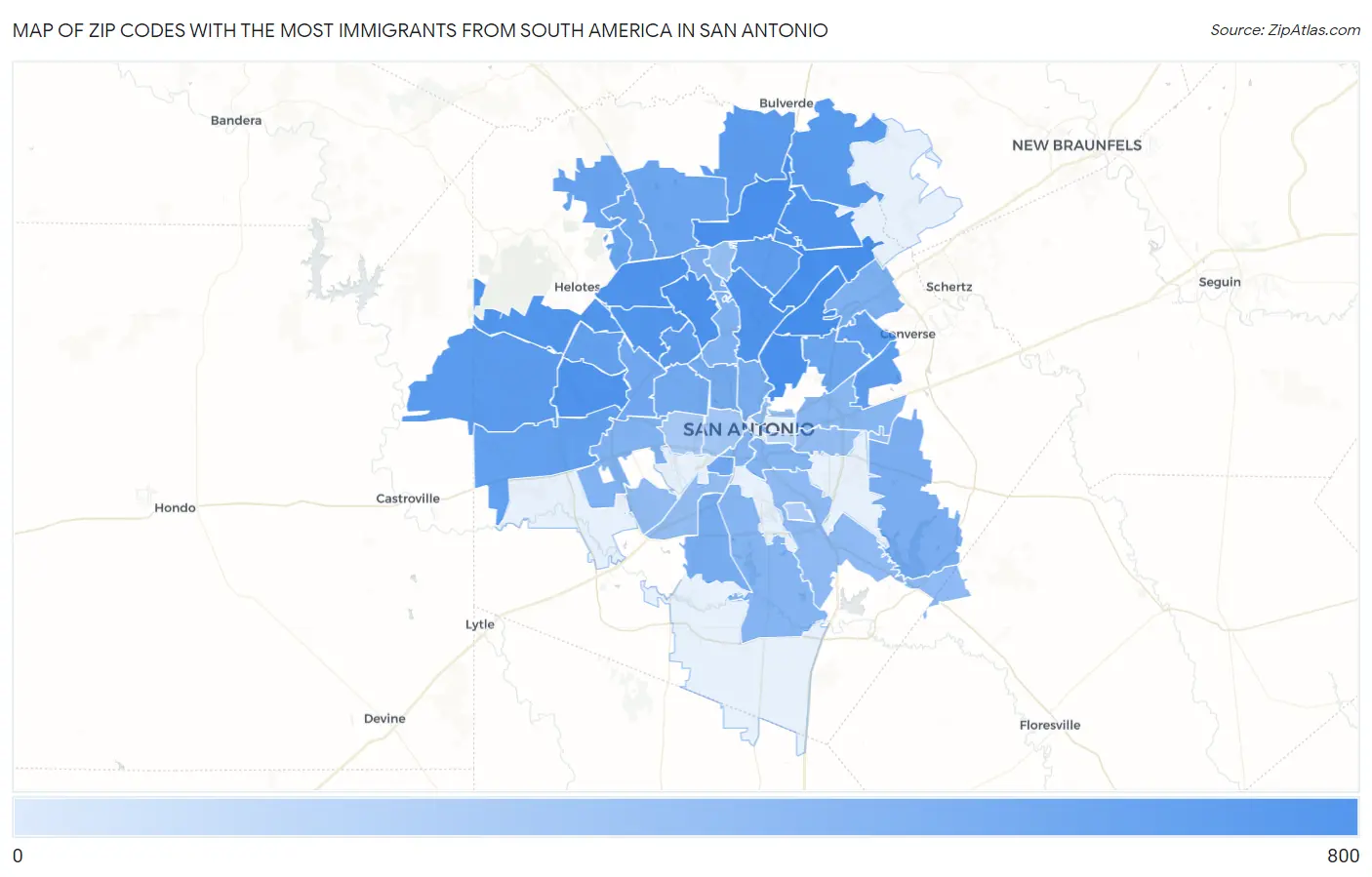 Zip Codes with the Most Immigrants from South America in San Antonio Map