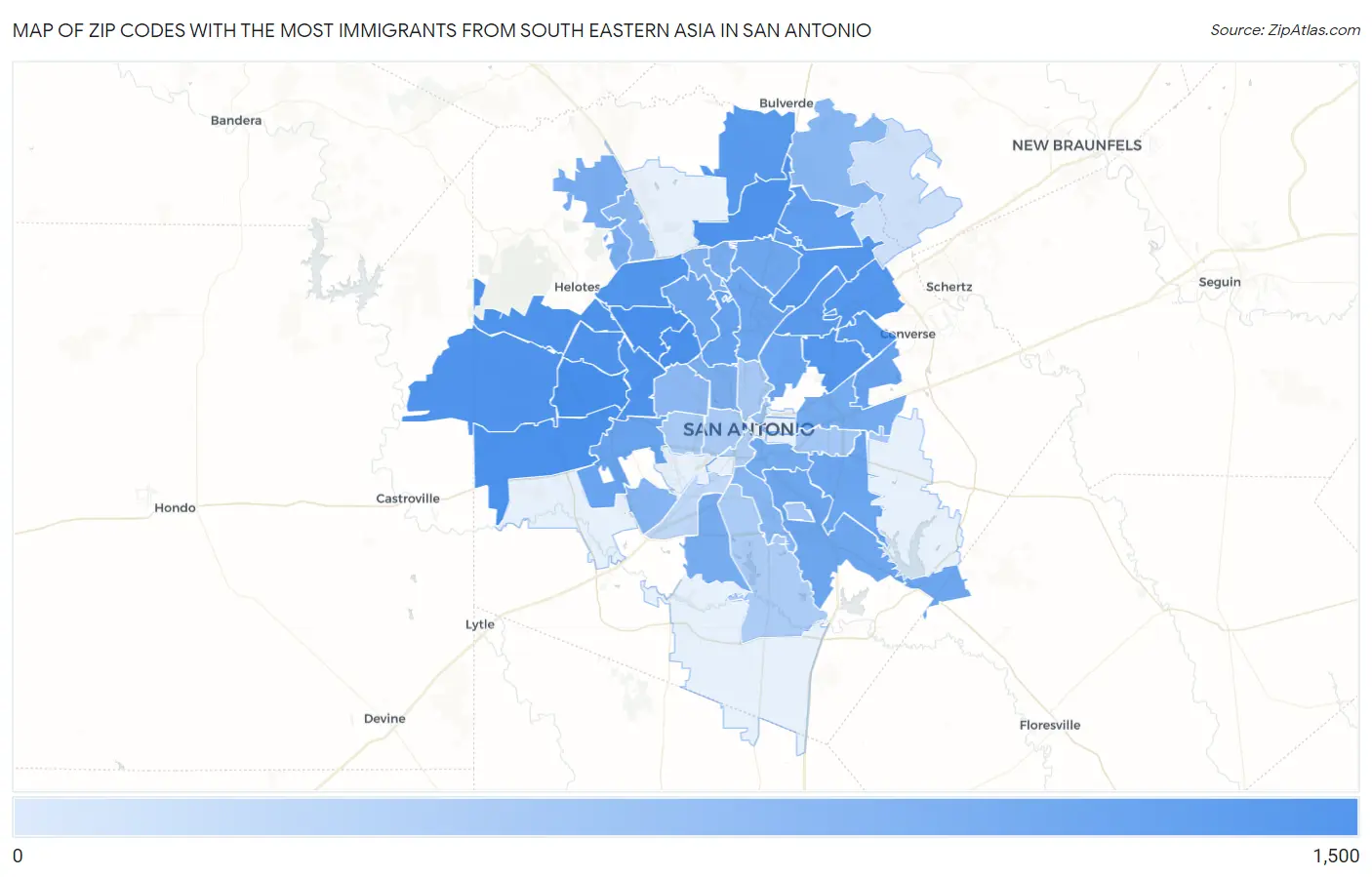 Zip Codes with the Most Immigrants from South Eastern Asia in San Antonio Map