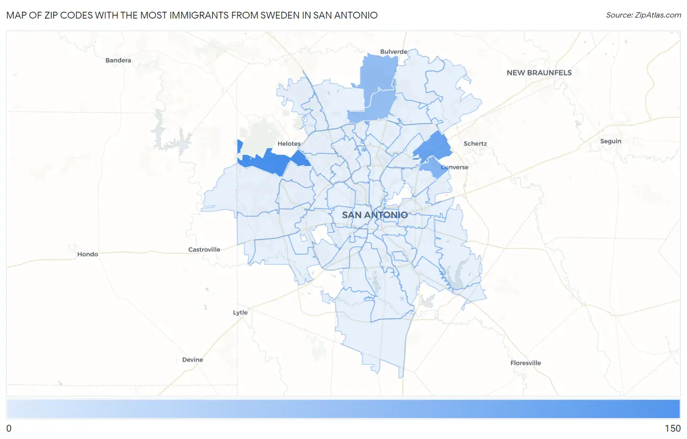 Zip Codes with the Most Immigrants from Sweden in San Antonio Map
