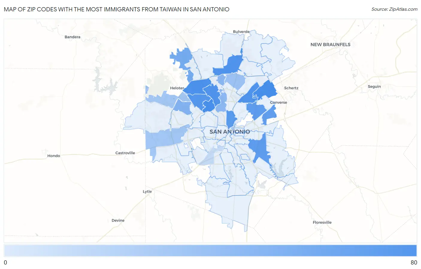 Zip Codes with the Most Immigrants from Taiwan in San Antonio Map