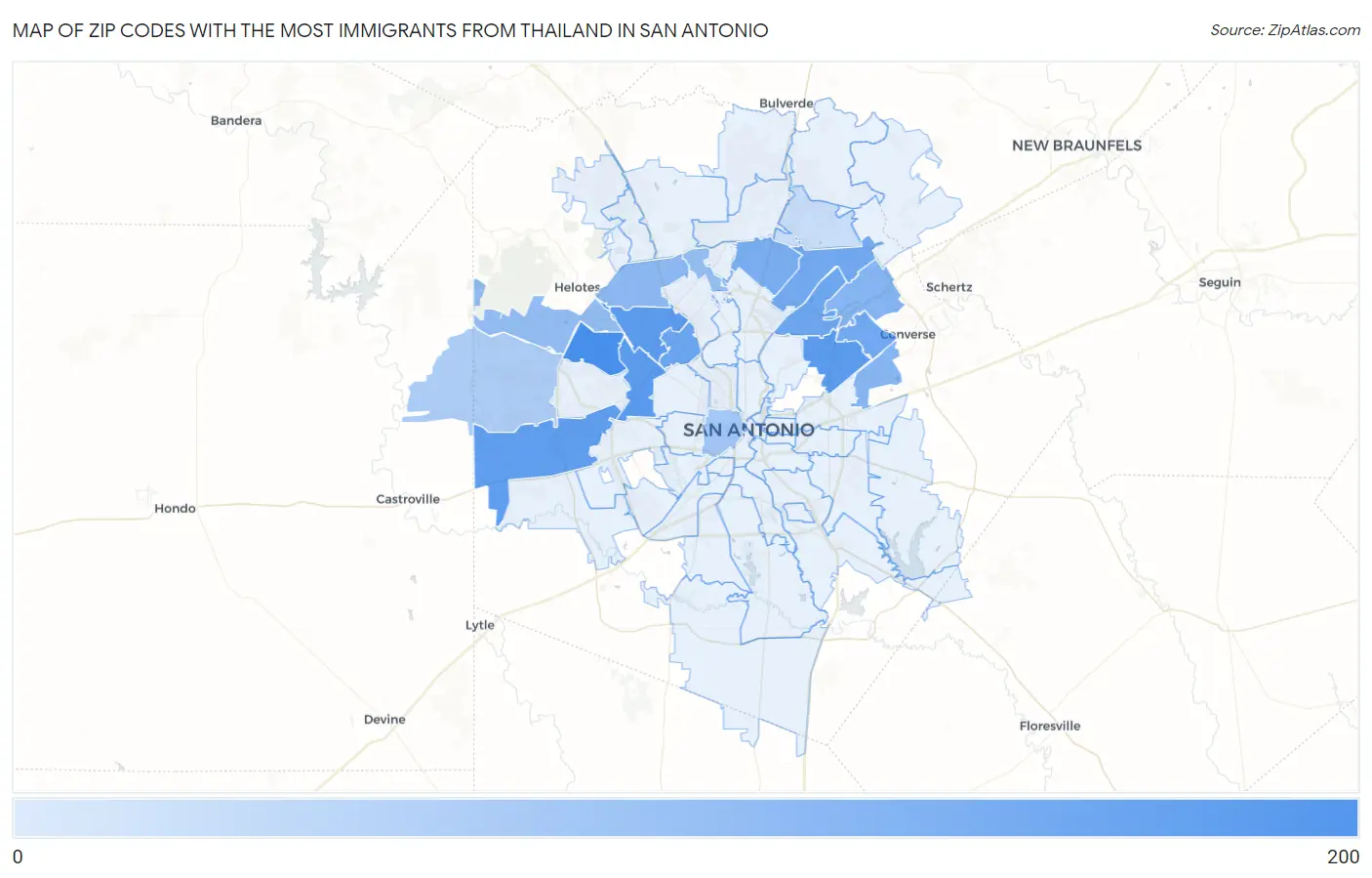 Zip Codes with the Most Immigrants from Thailand in San Antonio Map
