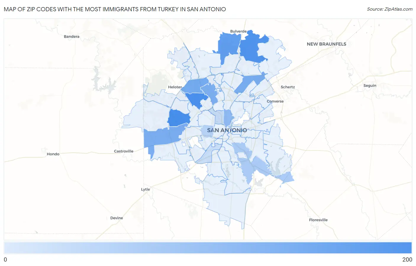 Zip Codes with the Most Immigrants from Turkey in San Antonio Map