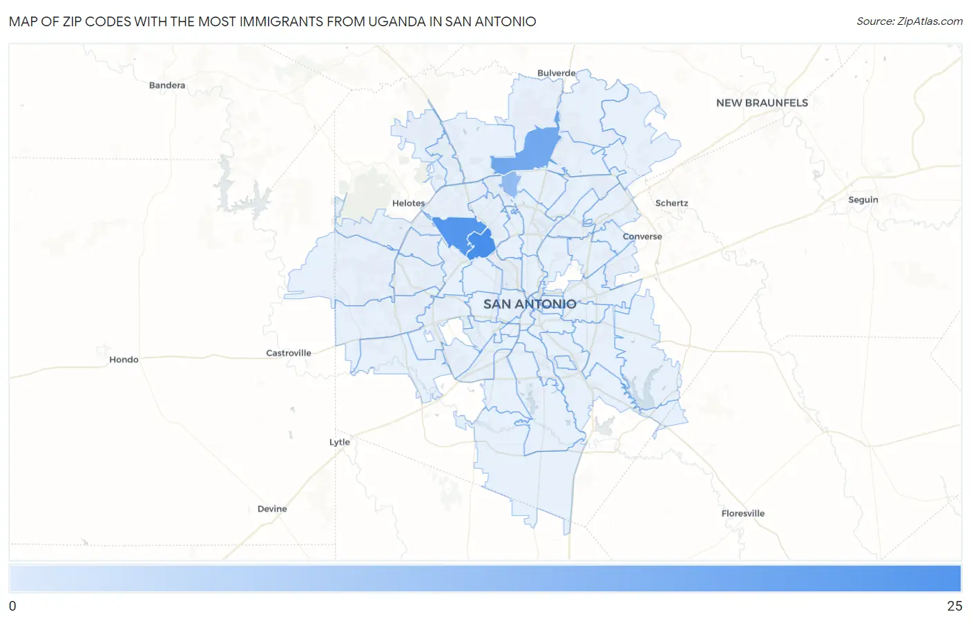 Zip Codes with the Most Immigrants from Uganda in San Antonio Map
