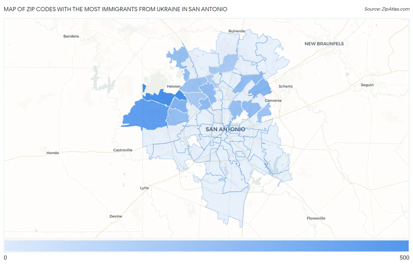 Zip Codes with the Most Immigrants from Ukraine in San Antonio Map