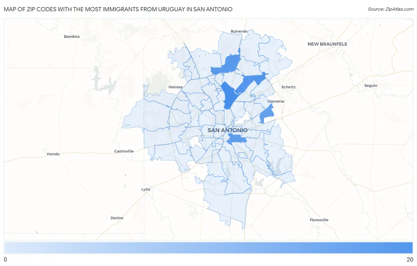 Zip Codes with the Most Immigrants from Uruguay in San Antonio Map