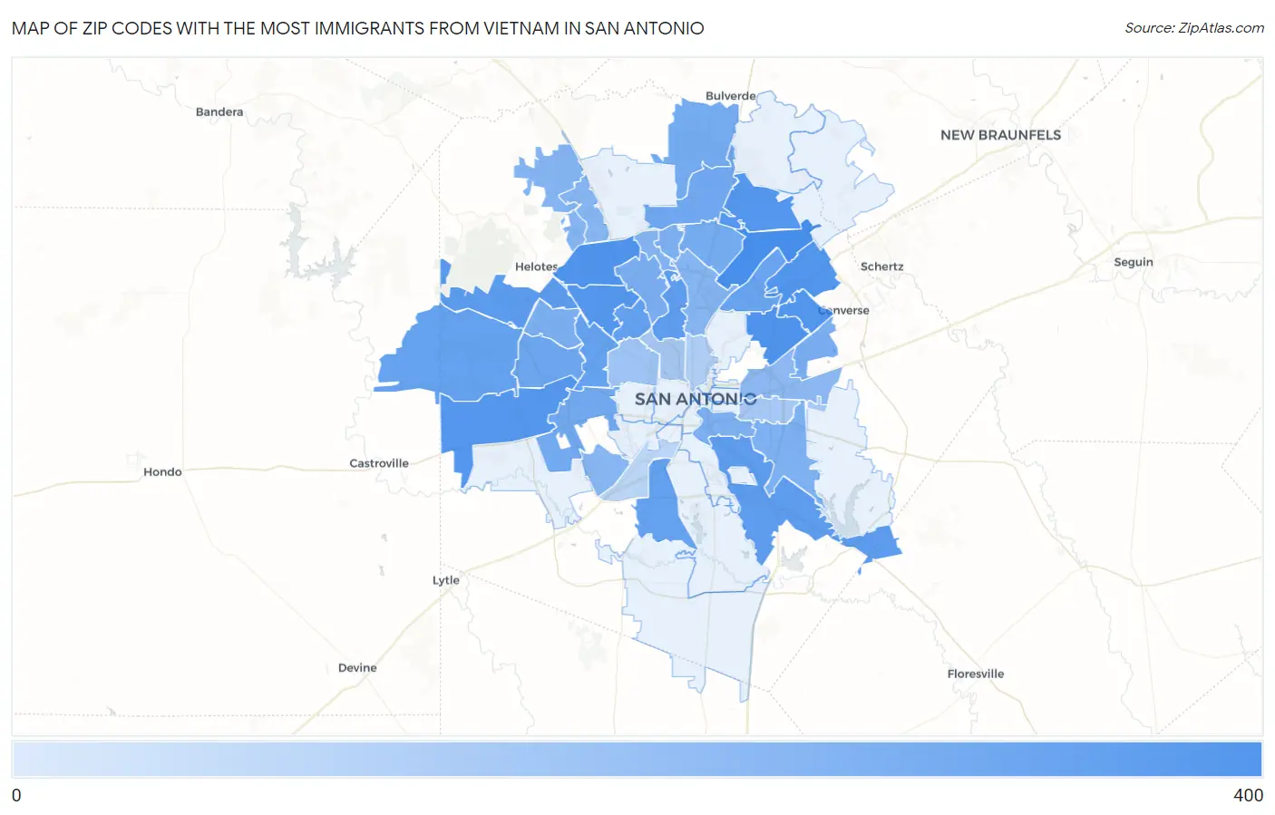 Zip Codes with the Most Immigrants from Vietnam in San Antonio Map