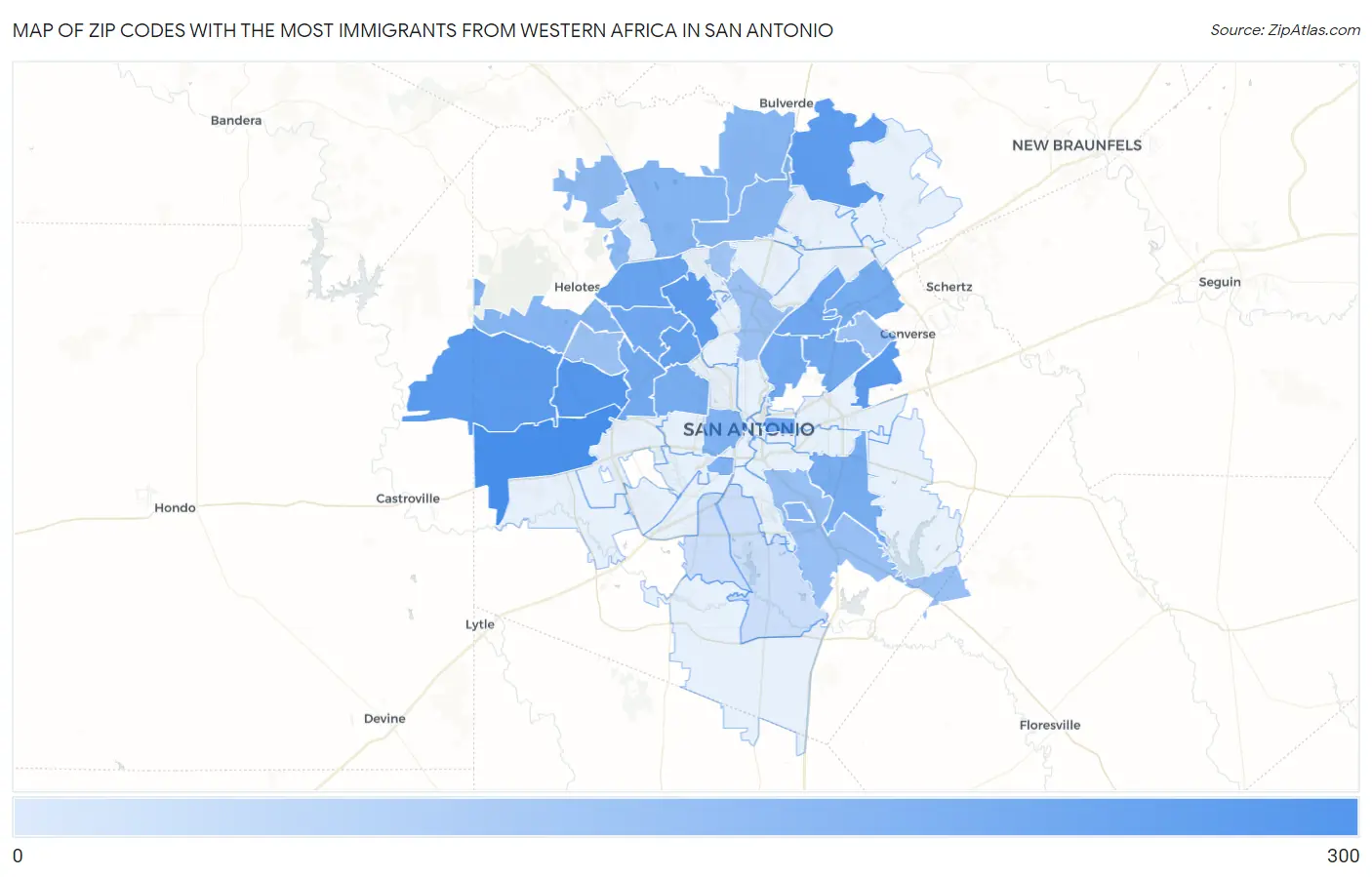 Zip Codes with the Most Immigrants from Western Africa in San Antonio Map