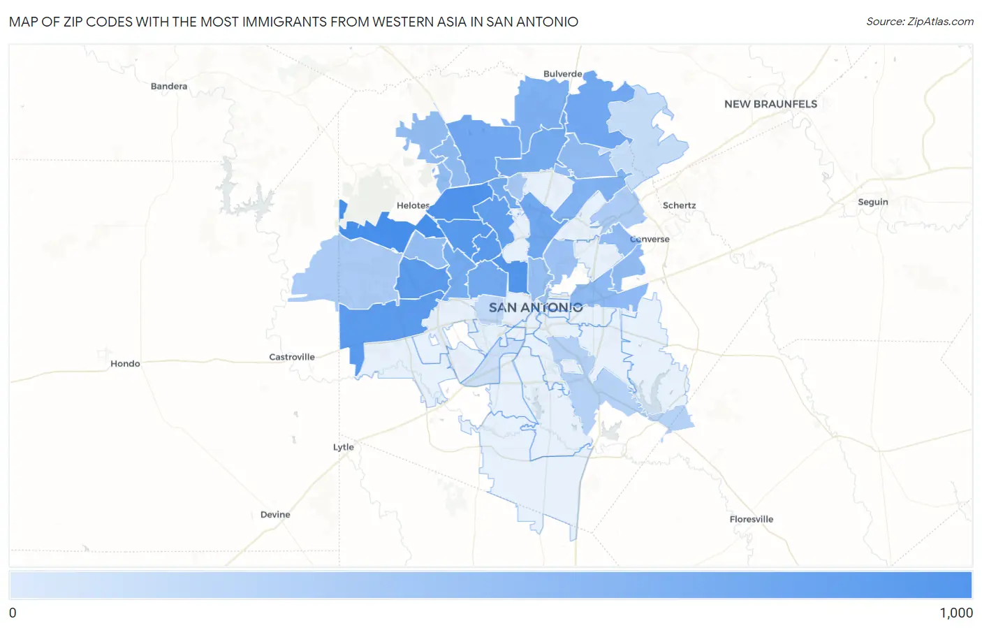 Zip Codes with the Most Immigrants from Western Asia in San Antonio Map