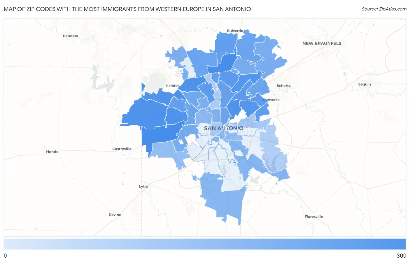 Zip Codes with the Most Immigrants from Western Europe in San Antonio Map